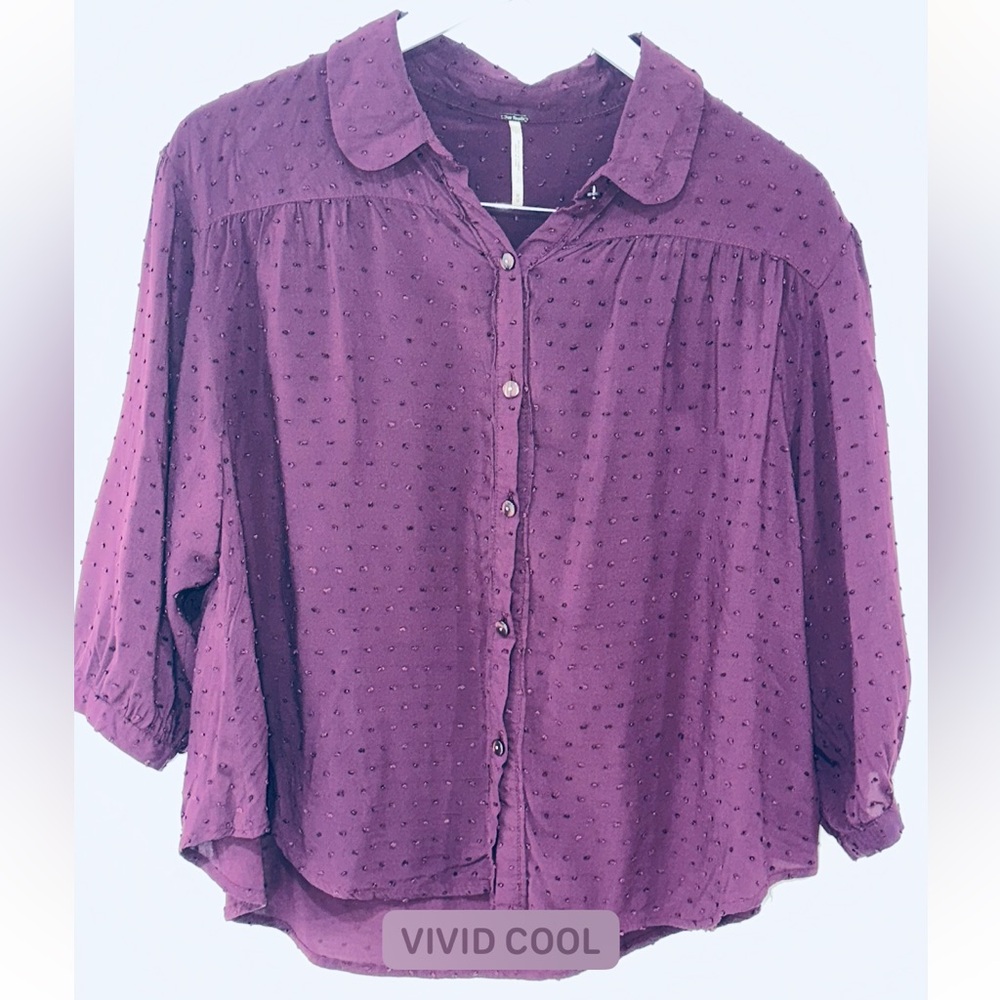 Free People Purple Swiss Dot Button Front Blouse Medium Boho Flowy Top